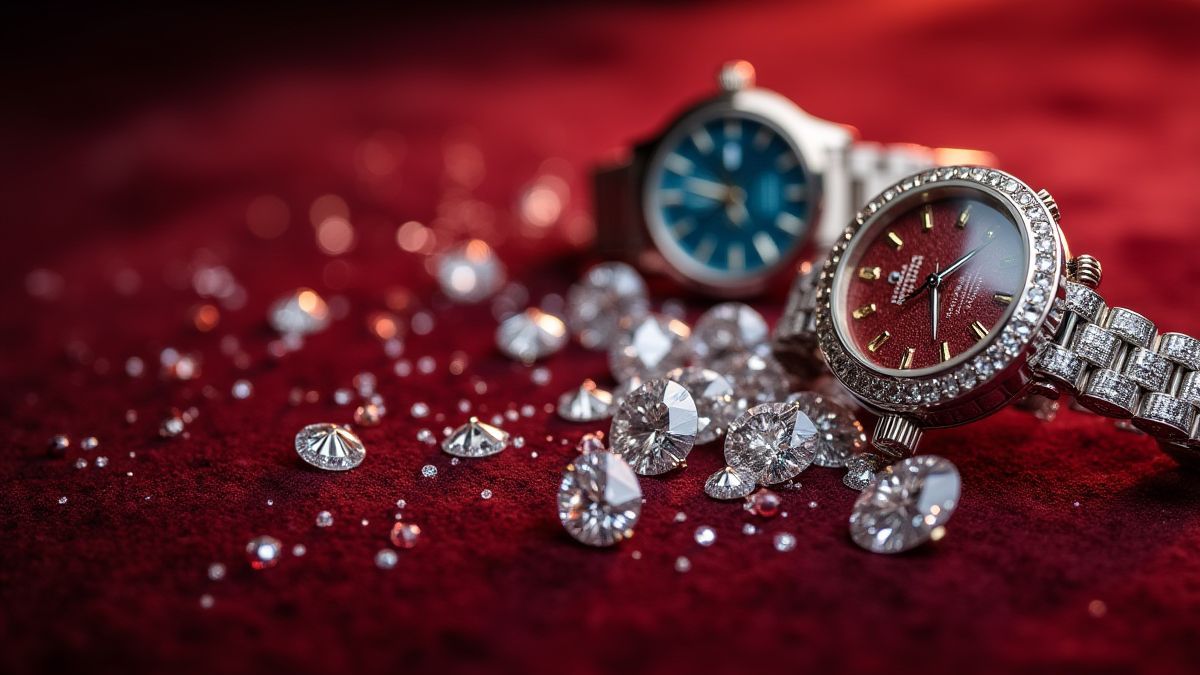 Diamanten en luxe horloges op een fluwelen achtergrond.