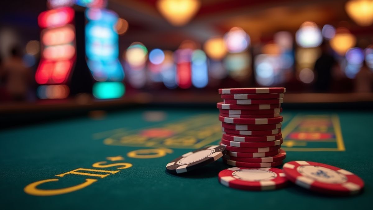 Casino table with chips and a slot machine.