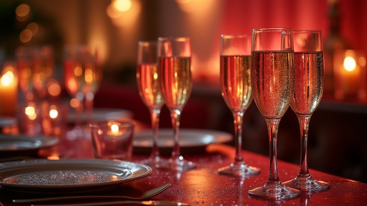 Glamoureus feest met elegante decoratie en champagneglazen.
