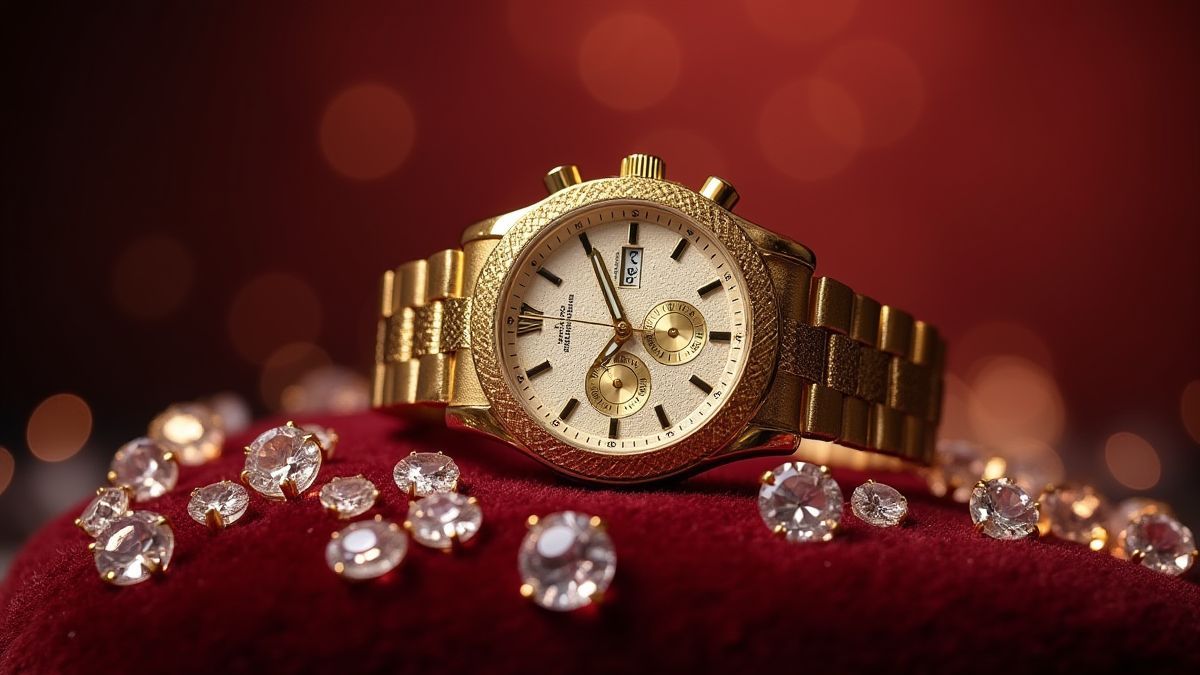 Montre en or entourée de diamants sur un coussin en velours