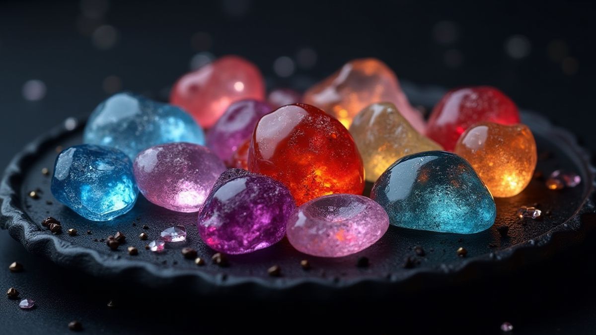 Gemmes brillantes de plusieurs couleurs sur un plateau noir