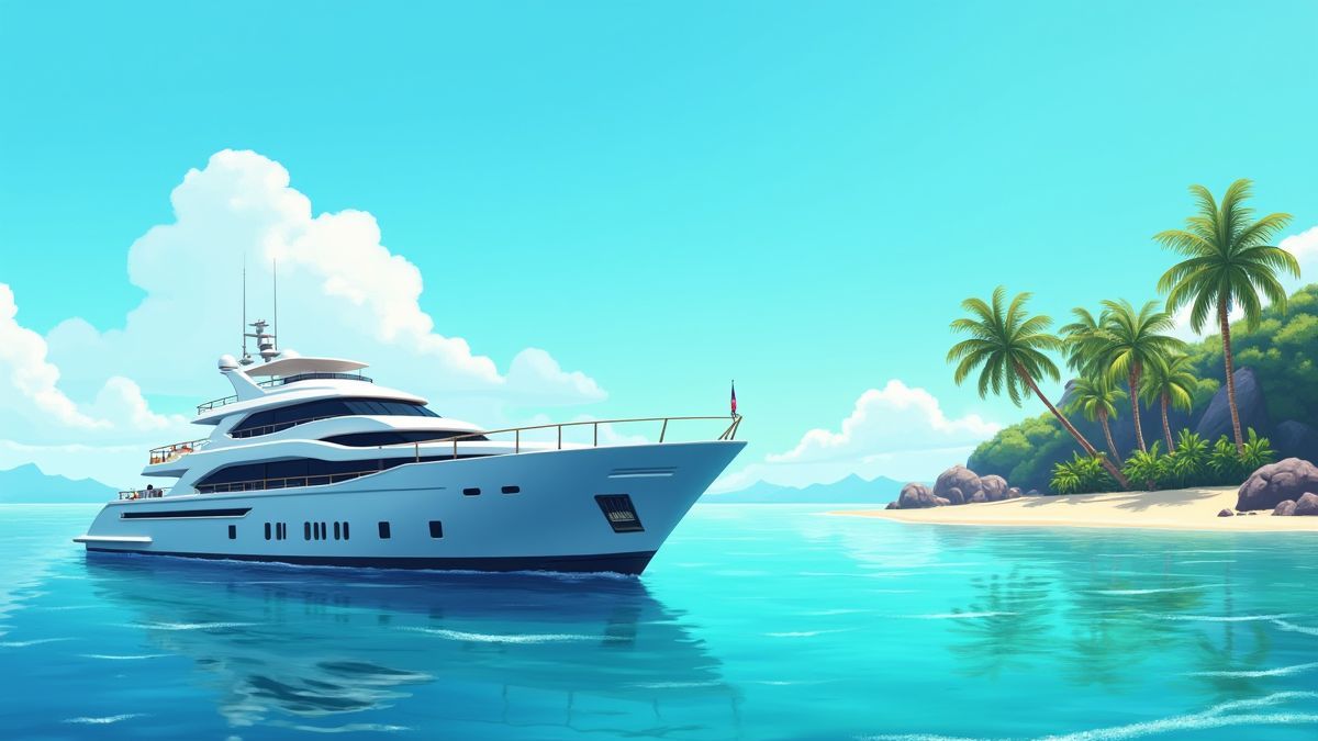 Un yate de lujo anclado cerca de una isla tropical.