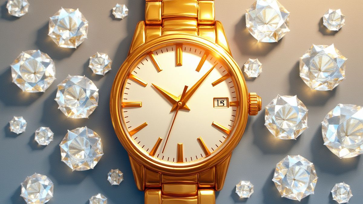 Un reloj de oro rodeado de diamantes brillantes.