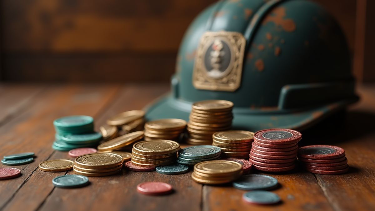 Monedas y fichas de apuestas junto a un casco de minero.