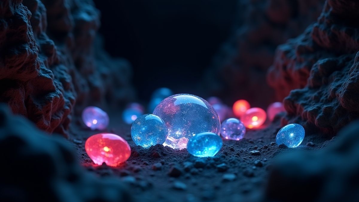 Gemas brilhantes em uma mina escura rodeada de rochas.