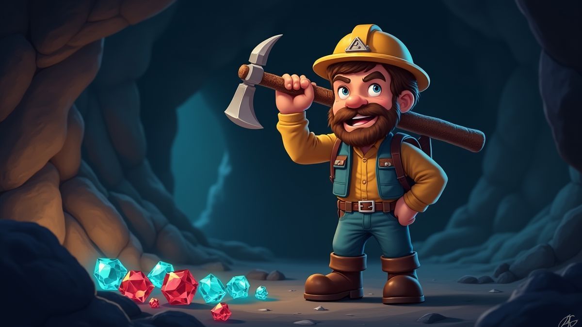 Um minerador segurando um pico com gemas brilhantes atrás dele em uma mina iluminada fracamente.