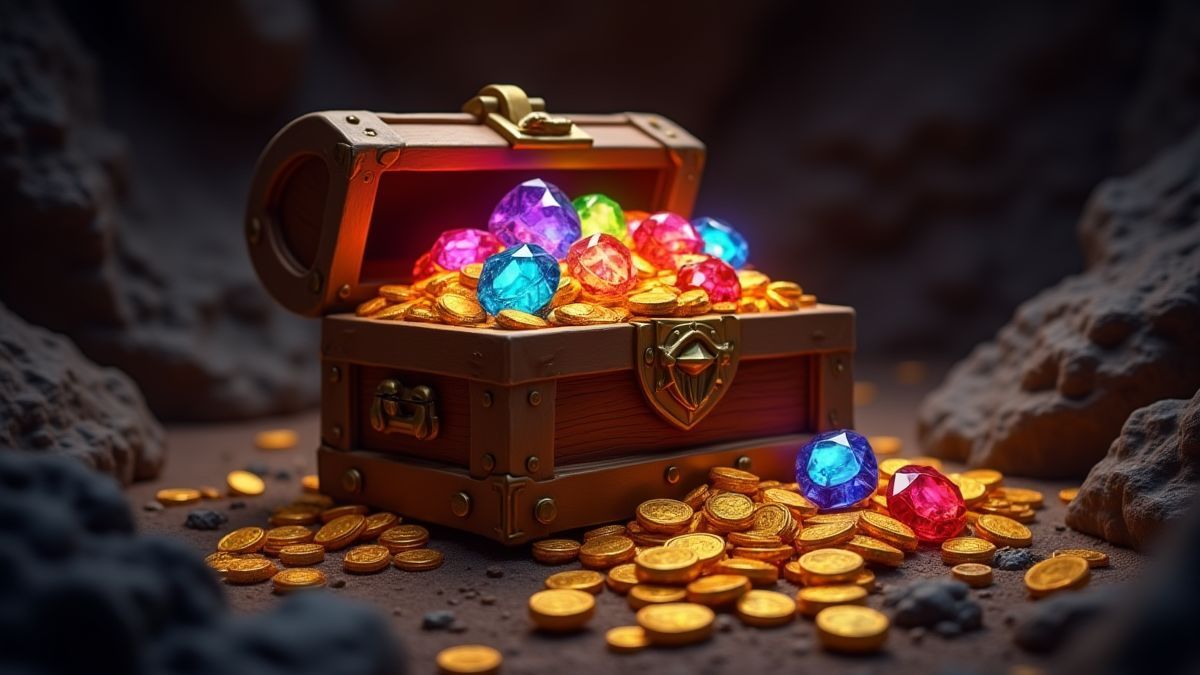 Um baú do tesouro cheio de gemas brilhantes sobre uma pilha de moedas de ouro em uma mina.