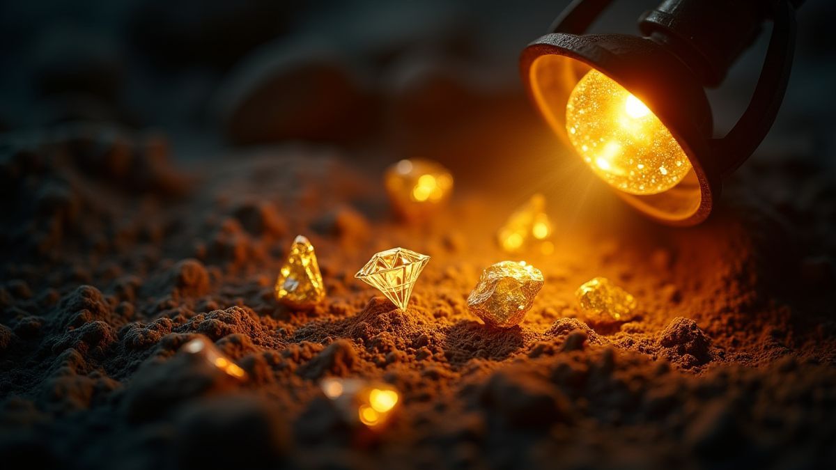 Símbolos de diamantes y pepitas doradas brillando bajo una lámpara minera.