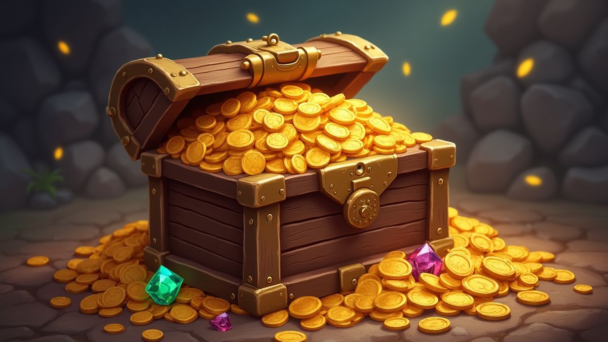 Un cofre de tesoro lleno de monedas de oro y gemas en un entorno minero.