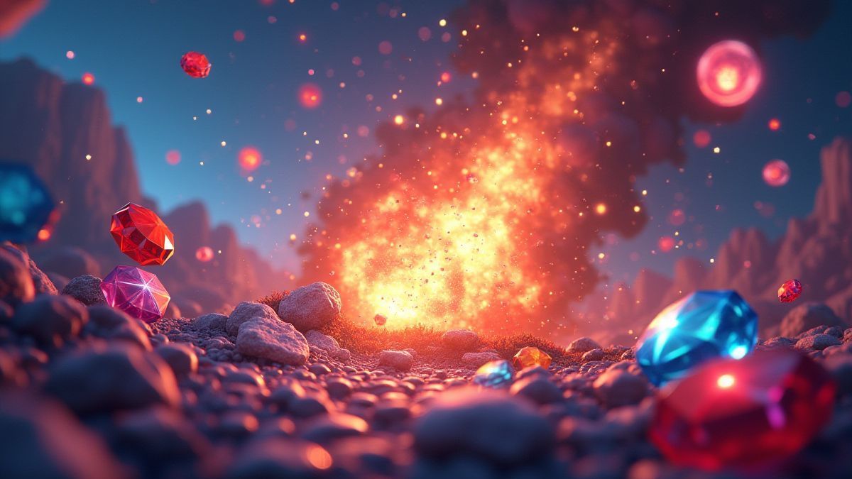 Dynamic explosions and bright gems in a gaming setting