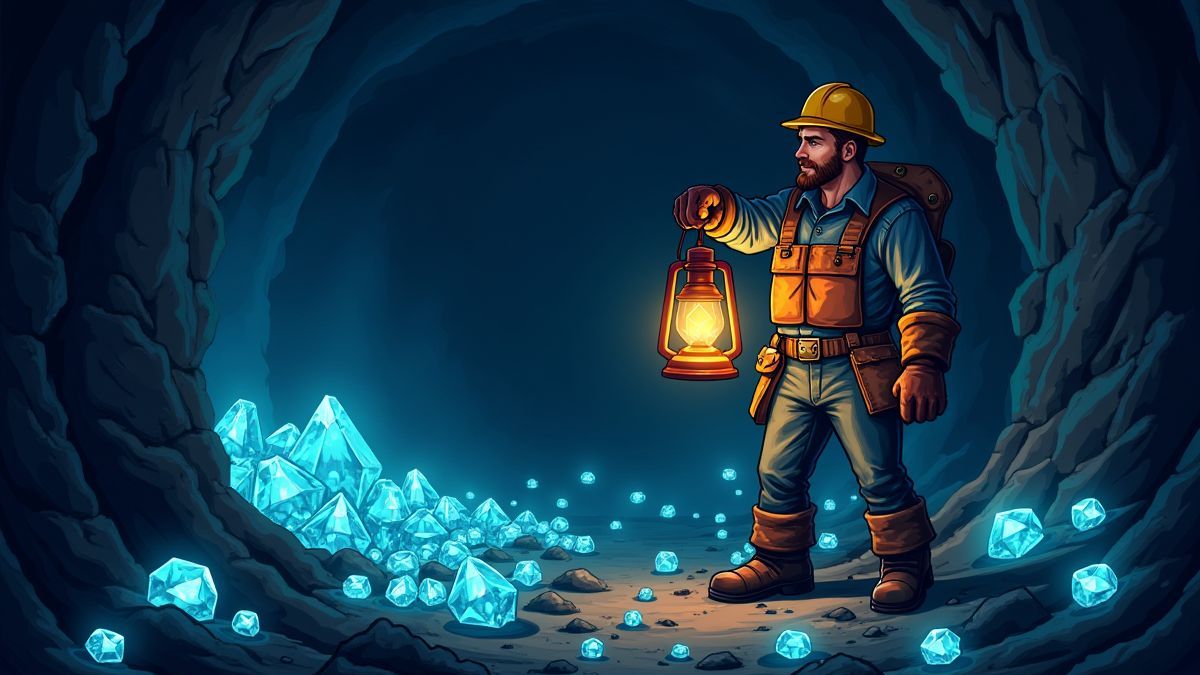 Un minero sosteniendo una linterna en un túnel oscuro lleno de gemas brillantes.