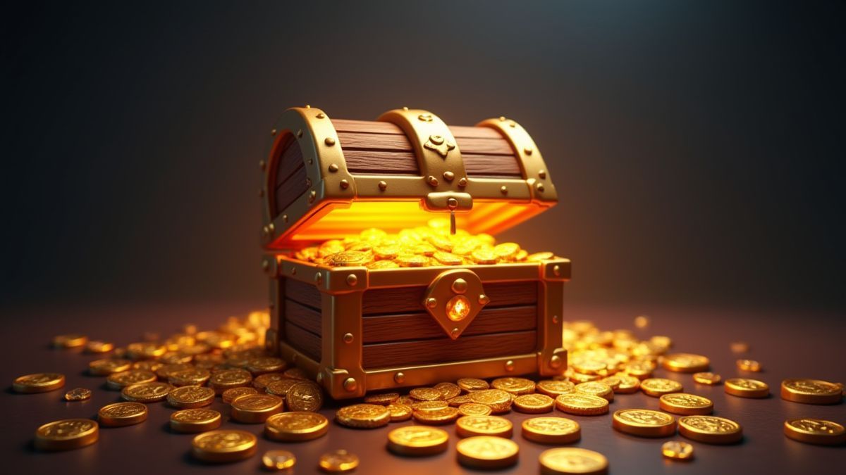Un cofre del tesoro brillante rodeado de monedas de oro y gemas.