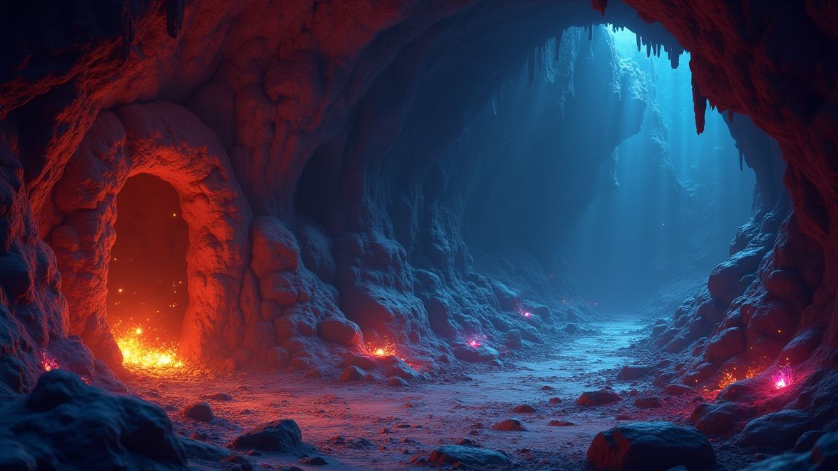 Interior de una cueva brillante con gemas y herramientas de minería.