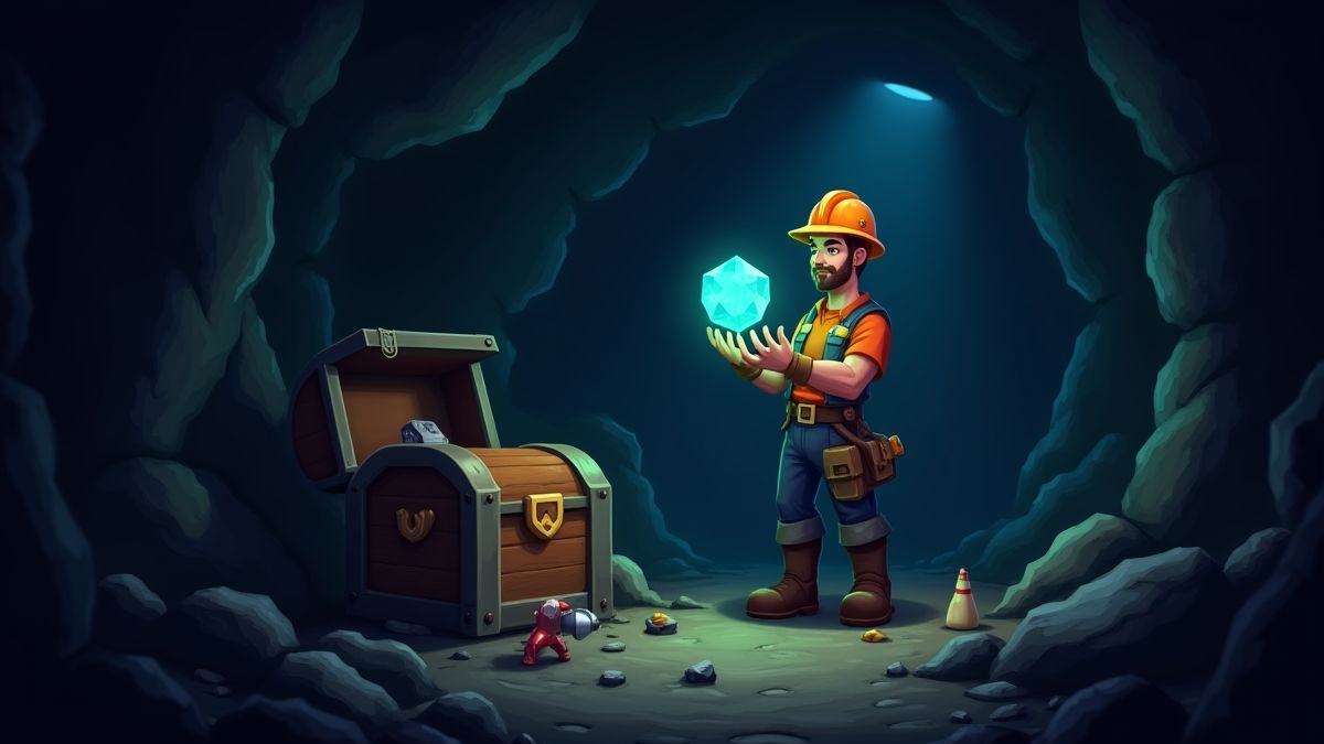 Un minero sosteniendo una gema brillante en una cueva oscura.