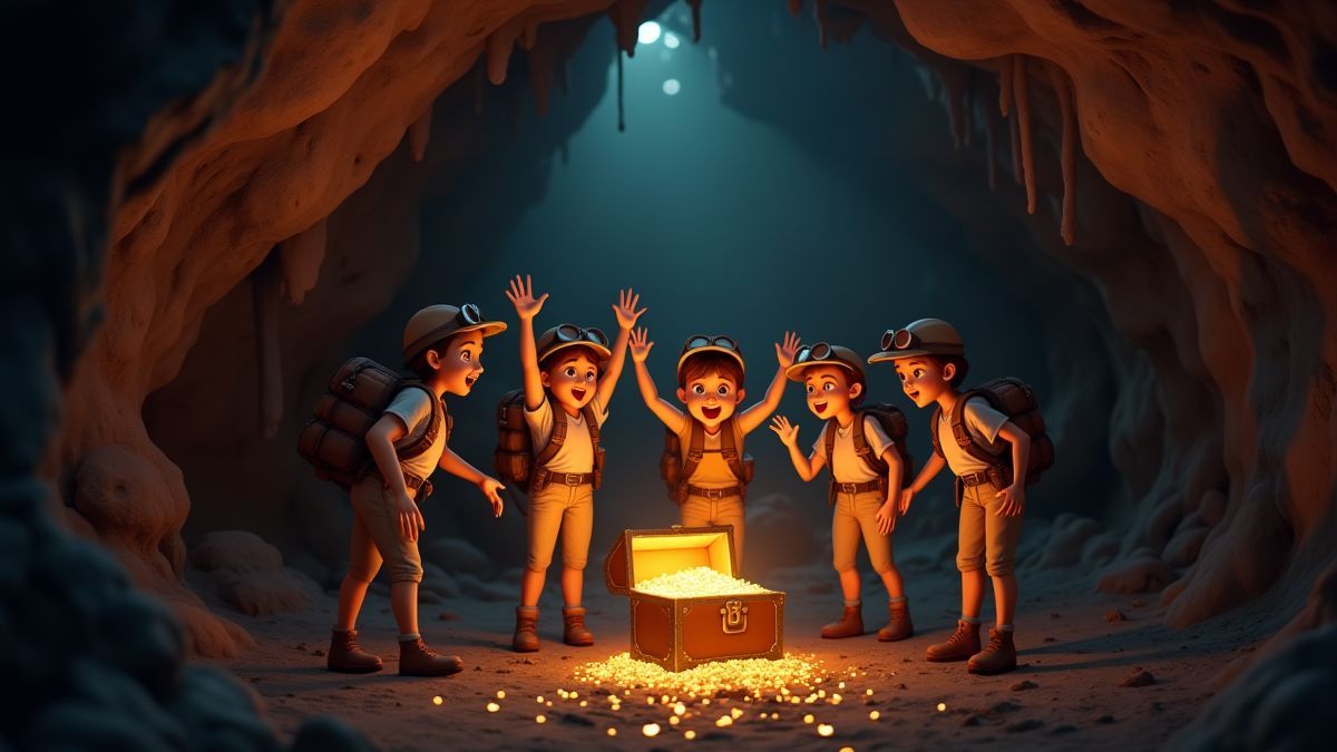 Exploradores celebrando tras encontrar un cofre del tesoro en una cueva.