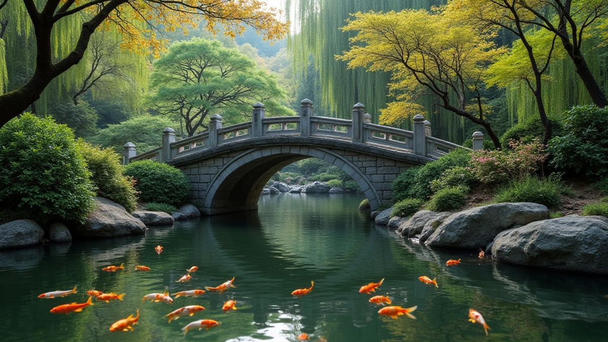 Un jardín chino sereno con un puente de piedra y peces koi nadando.