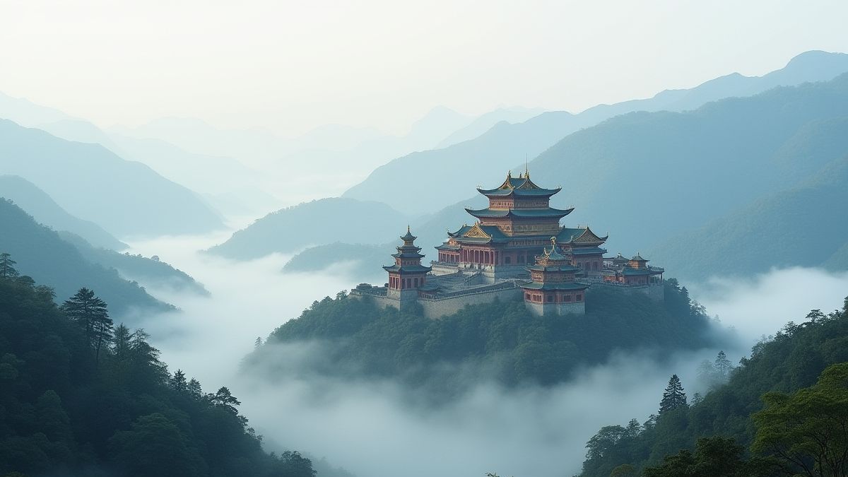 Un majestuoso palacio chino rodeado de montañas y niebla.