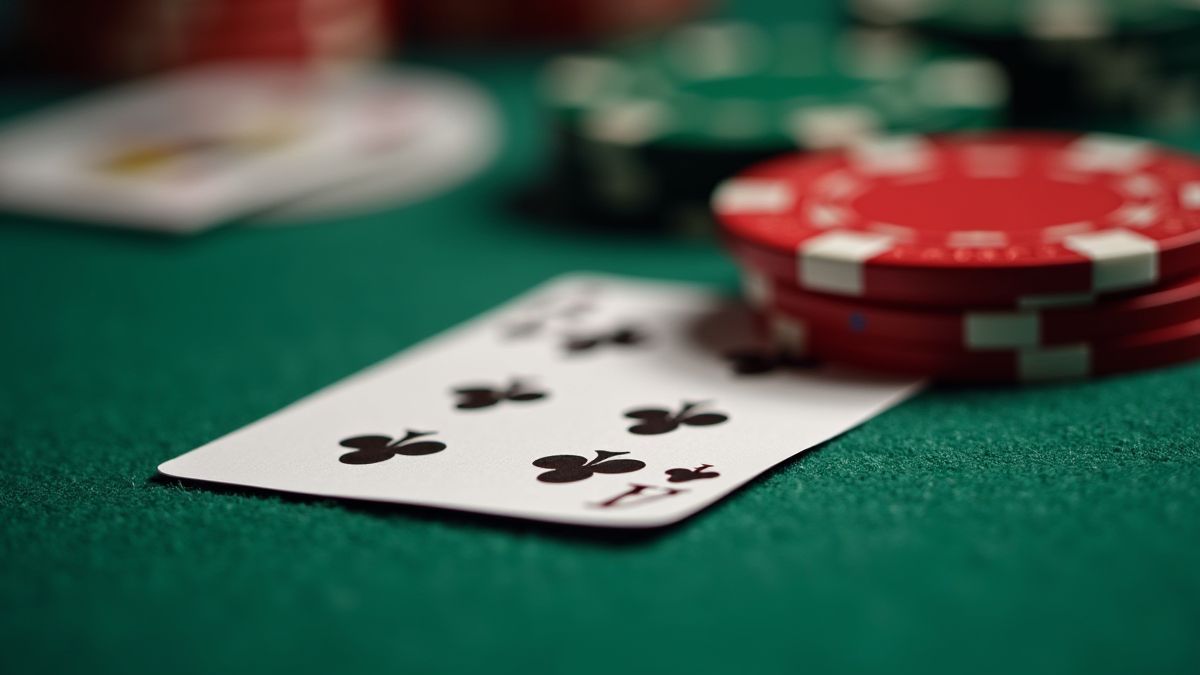 Close-up van pokerschips en kaarten op een groene viltentafel.