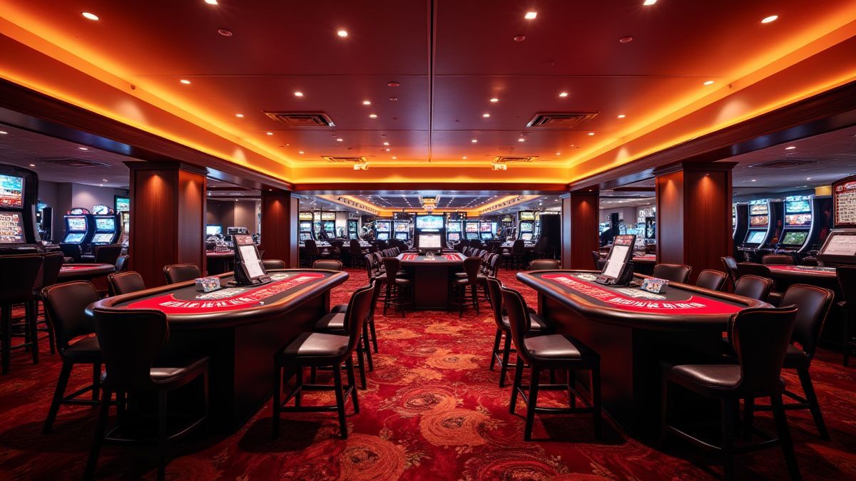 Stijlvolle casino-omgeving met gloeiende lichten en speeltafels.