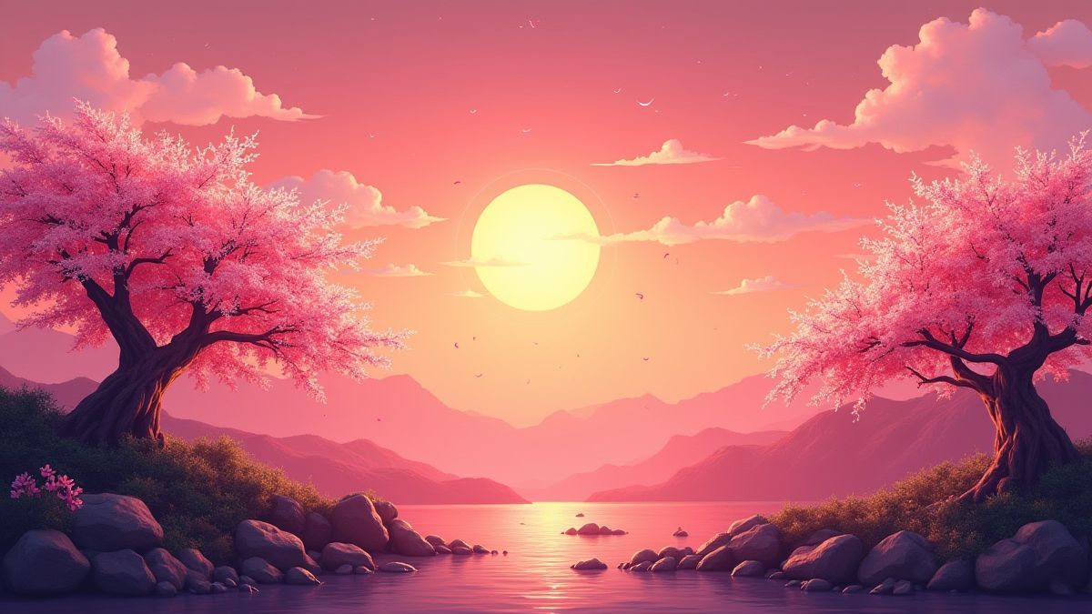 Paisaje asiático con árboles de cerezo y un atardecer brillante.