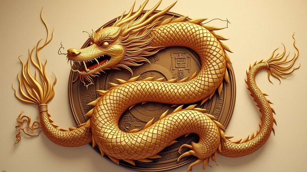 Dragón dorado rodeando una moneda asiática antigua.