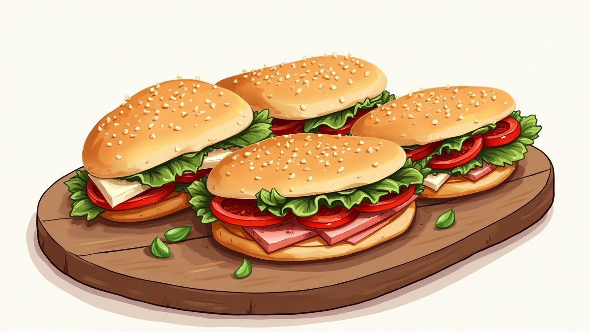 Planche en bois avec paninis italiens et ingrédients frais.