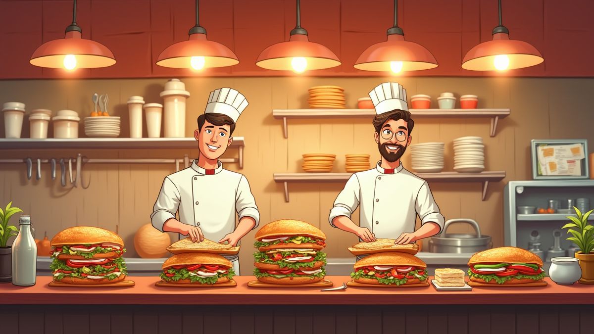 Illustration animée d'une charcuterie italienne avec des chefs préparant des paninis.