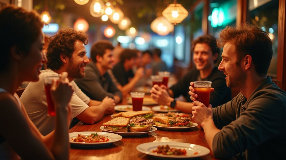 Scène festive dans une charcuterie italienne avec des gens profitant de paninis et de boissons.
