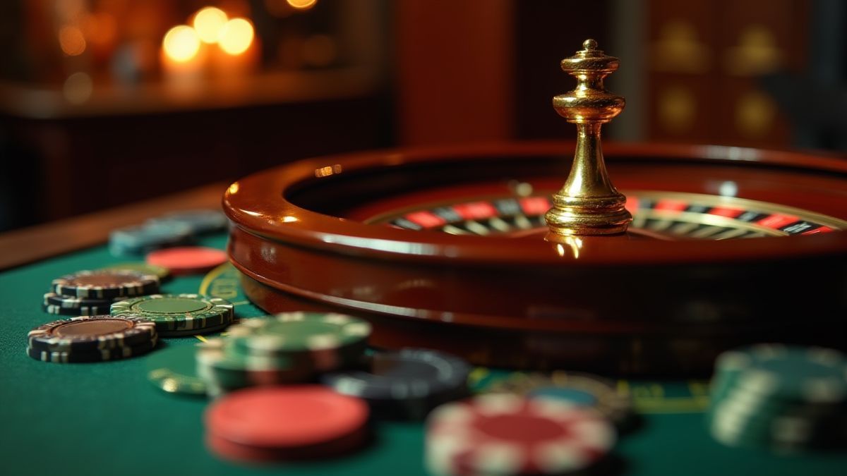 Mesa de casino lujosa con fichas y una rueda de ruleta pequeña.