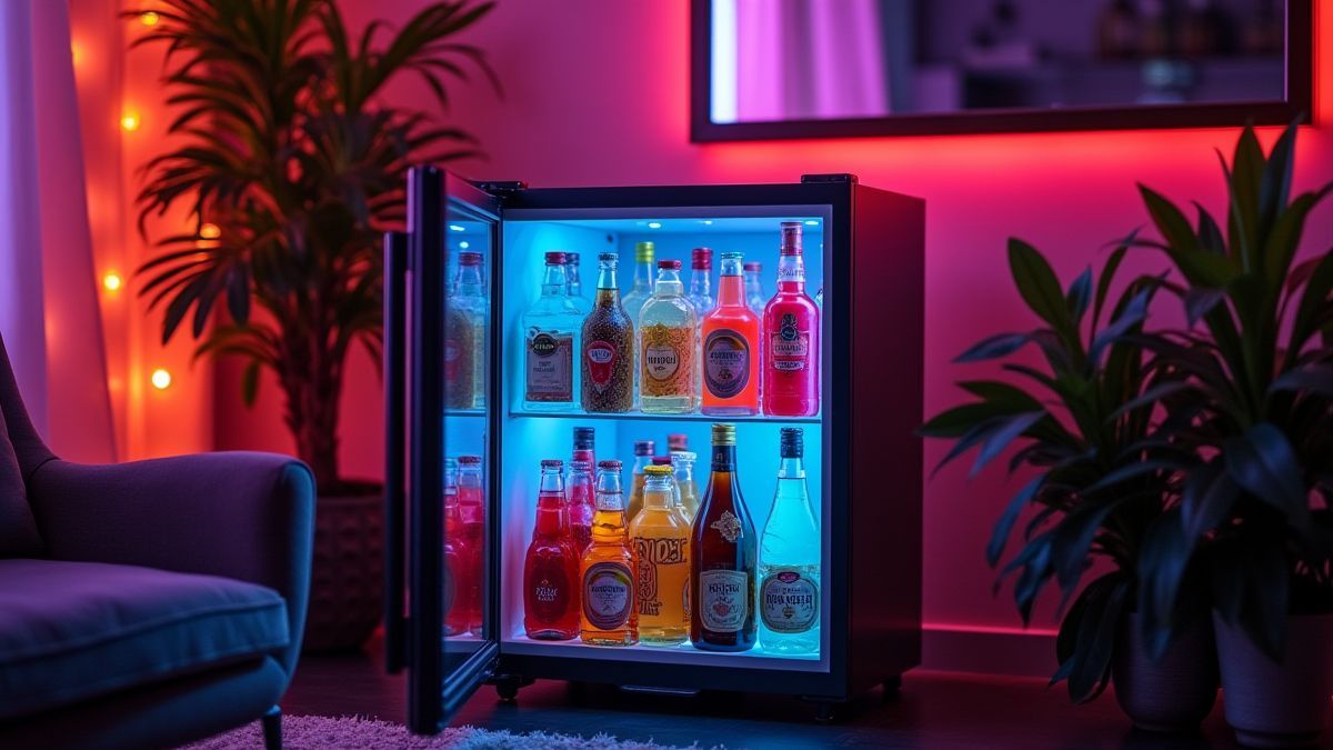 Een moderne minibar met kleurrijke drankjes en snacks in een gezellige omgeving.