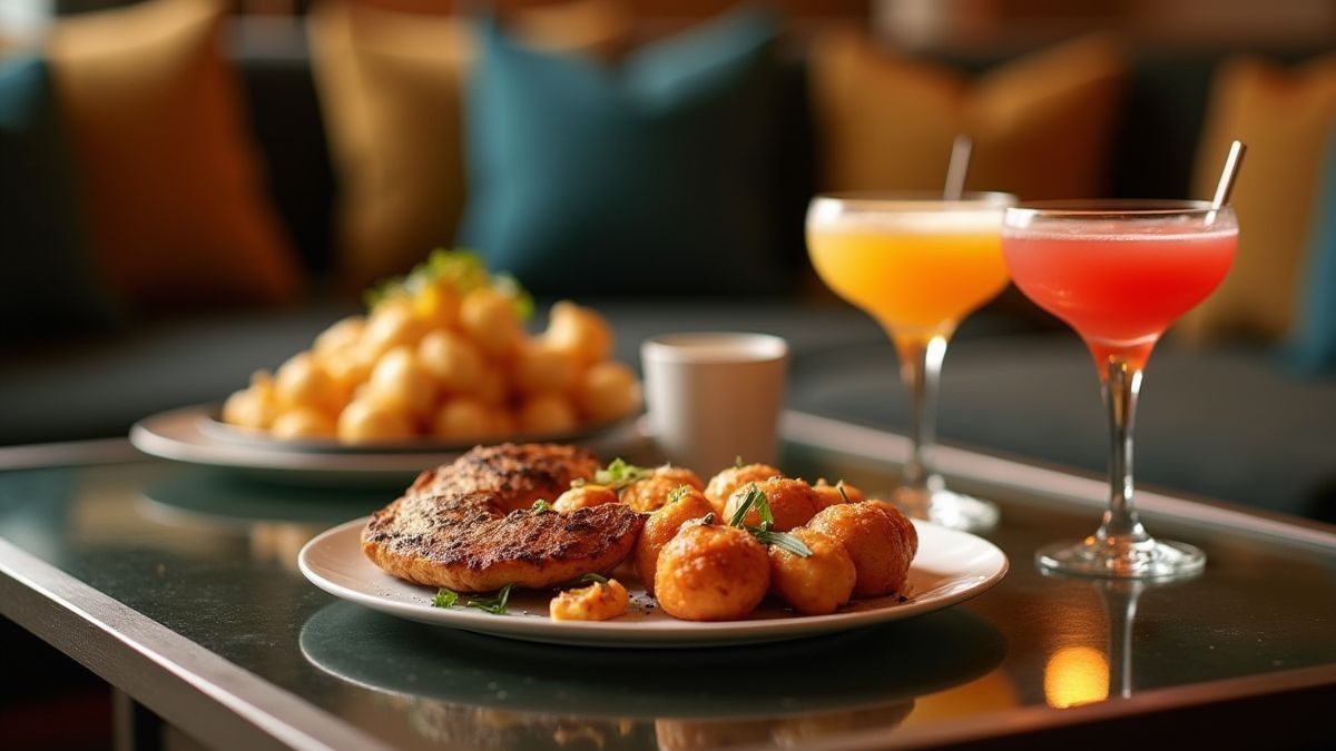 Een gezellige omgeving met snacks en cocktails op een moderne tafel.