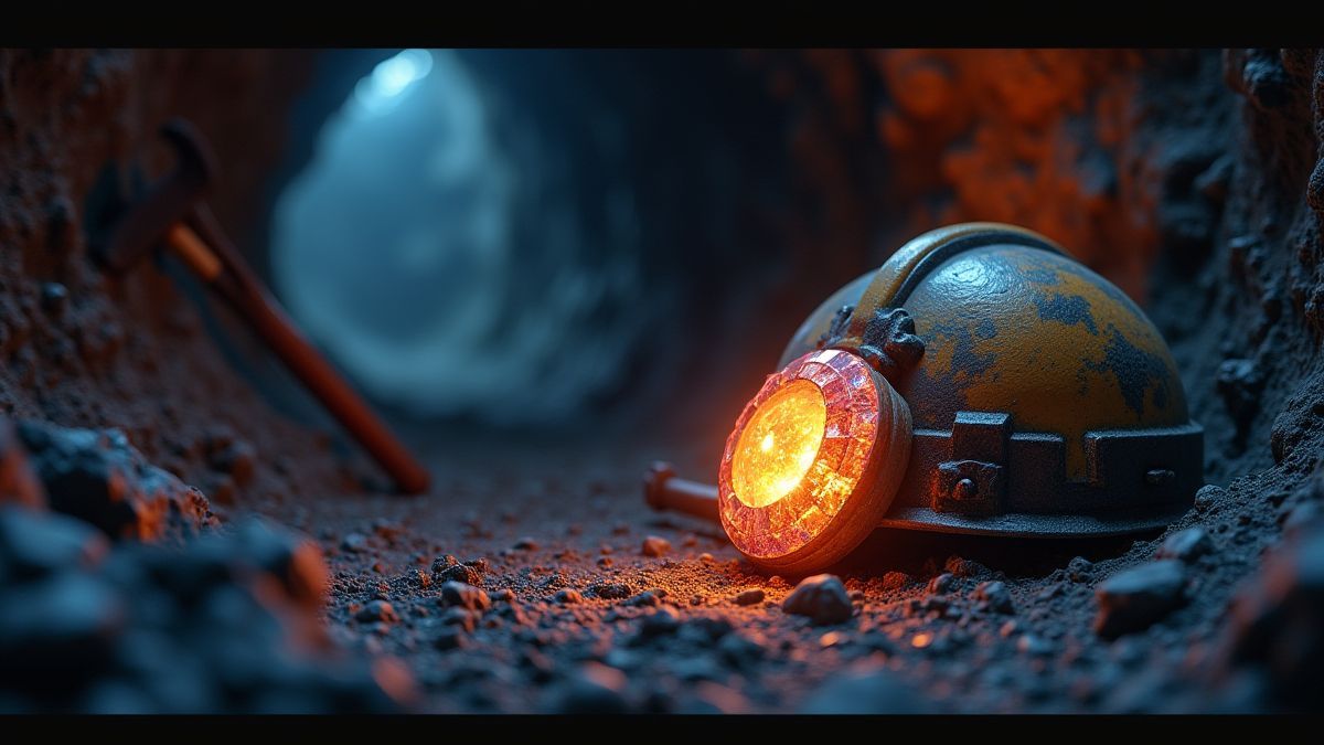 Gemme brillante dans une mine souterraine à côté d'outils de minage.