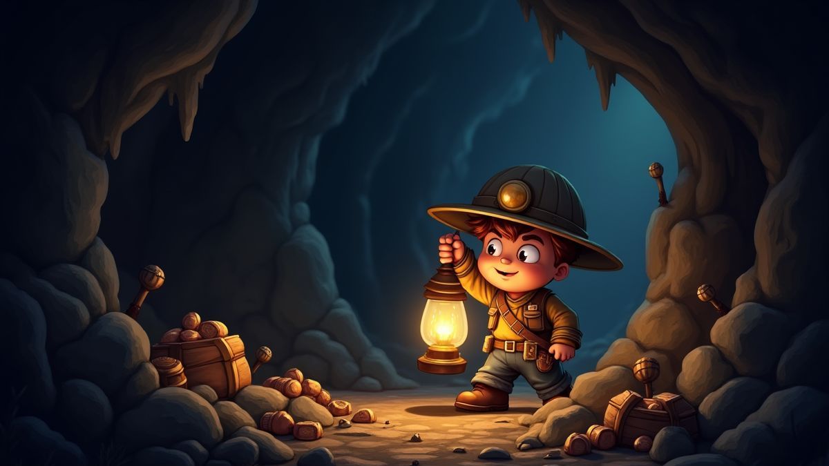 Mineur animé tenant une lanterne dans une grotte pleine de trésors.