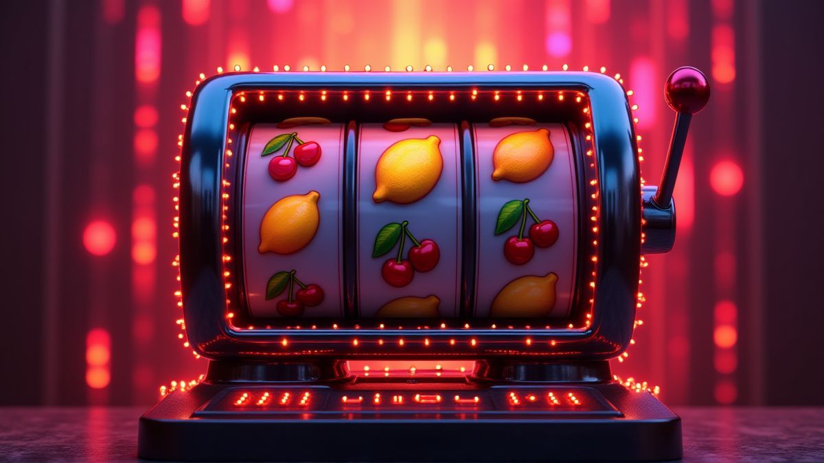 Klassische Spielautomaten mit Fruchtsymbolen, umgeben von Neonlichtern.