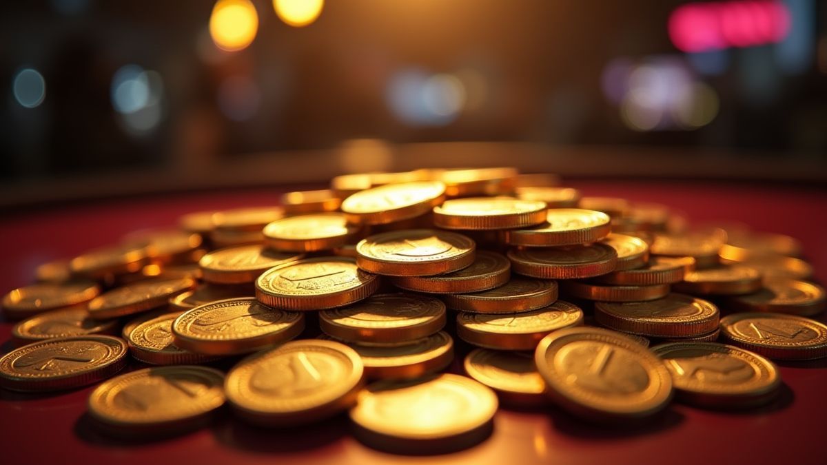 Ein Haufen von Münzen und Sieben-Symbolen unter Casino-Scheinwerfern.