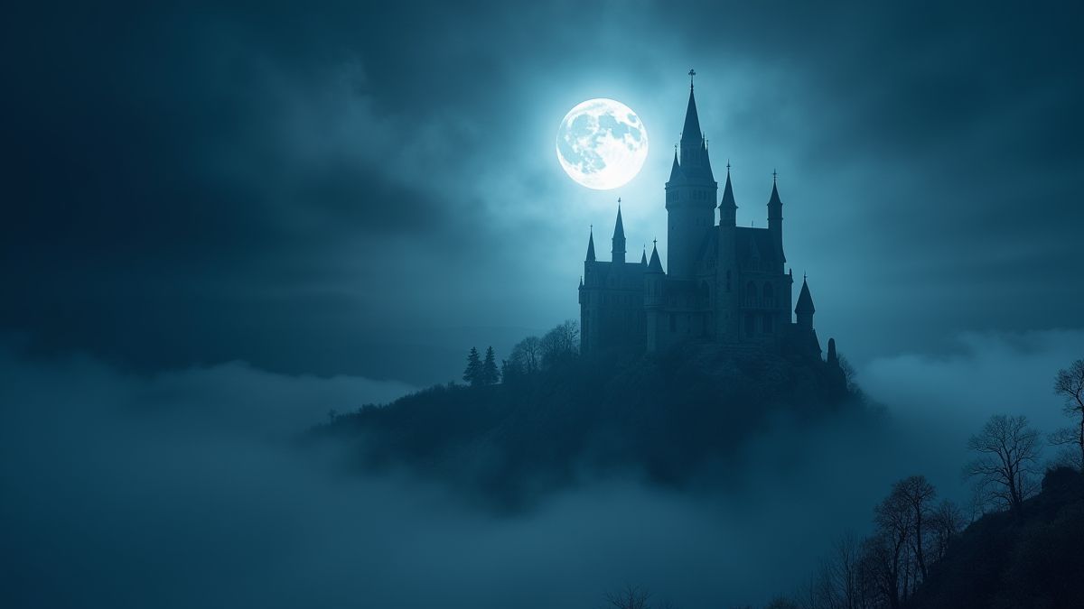 Gotisches Schloss im Licht des Vollmonds, umgeben von Nebel.