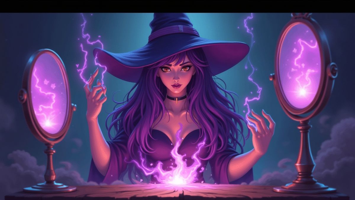 Hexe mit lila Haaren, die einen Zauber wirkt, umgeben von leuchtenden magischen Spiegeln.