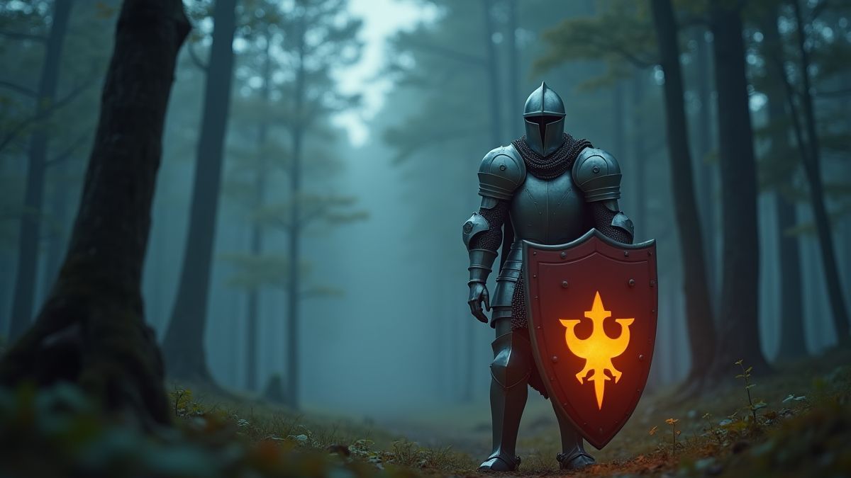 Un caballero medieval sosteniendo un escudo brillante en un bosque brumoso.