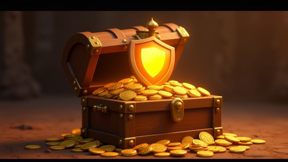 Un cofre del tesoro lleno de monedas de oro con un escudo brillante encima.