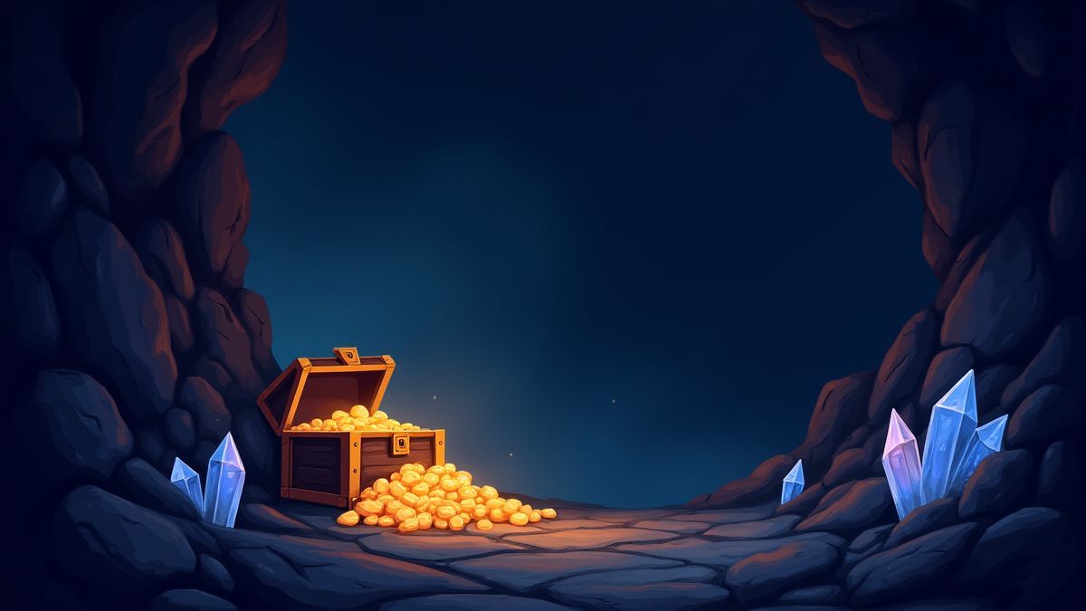 A dark mine with glowing crystals and a treasure chest.