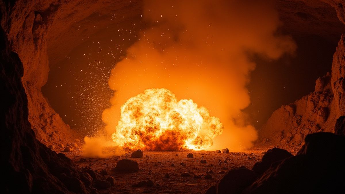 Dynamite exploding in a mine with flashes and debris.