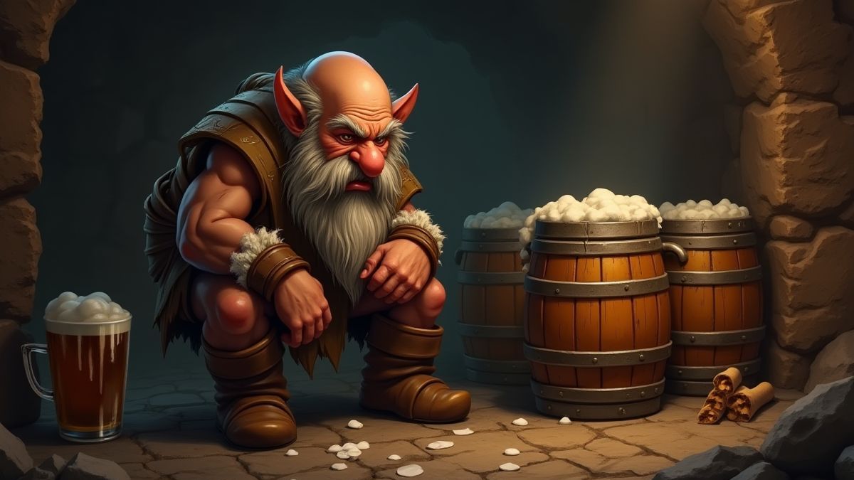 A grumpy dwarf sitting next to barrels of beer in a mine.