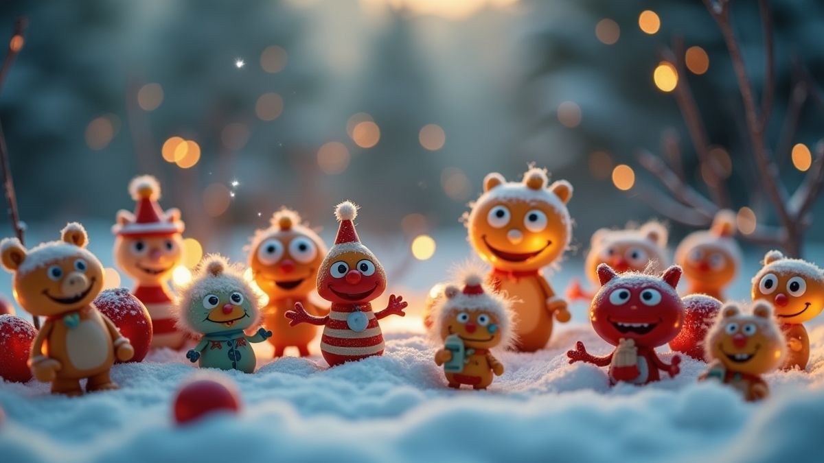 Jouets extravagants dans un paysage enneigé avec des lumières de Noël scintillantes.