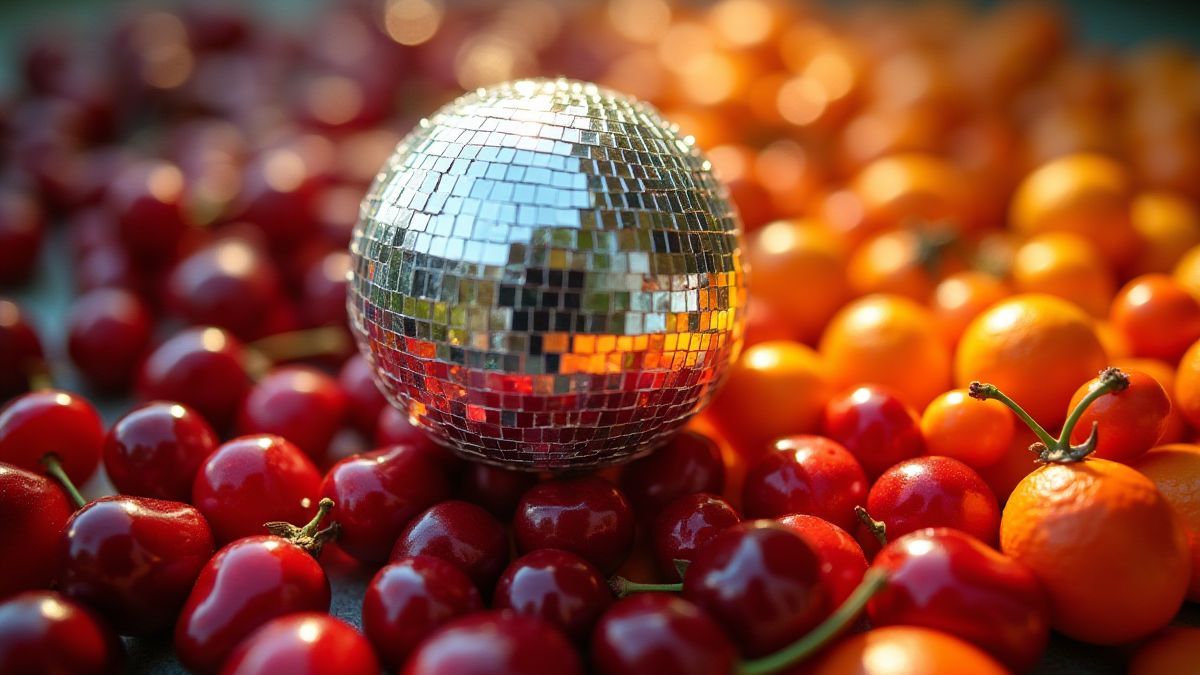 Bola de discoteca rodeada de frutas coloridas.
