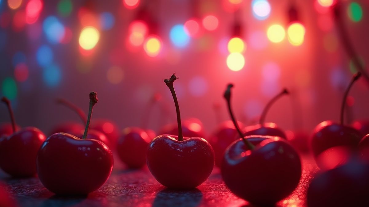 Cerezas bailando bajo luces de discoteca.