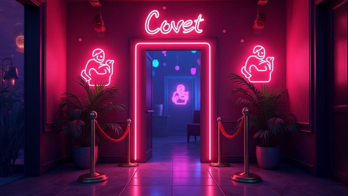 Entrada de un club nocturno con luces de neón.