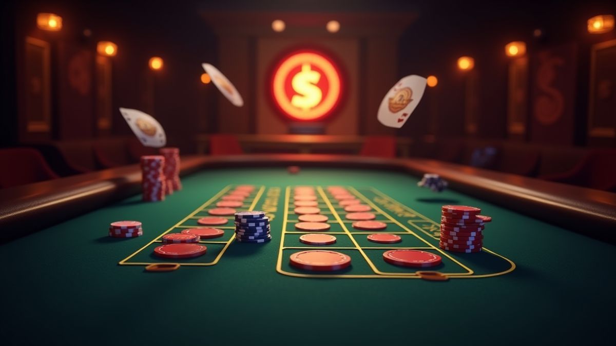 Mesa de casino animada con fichas y cartas.