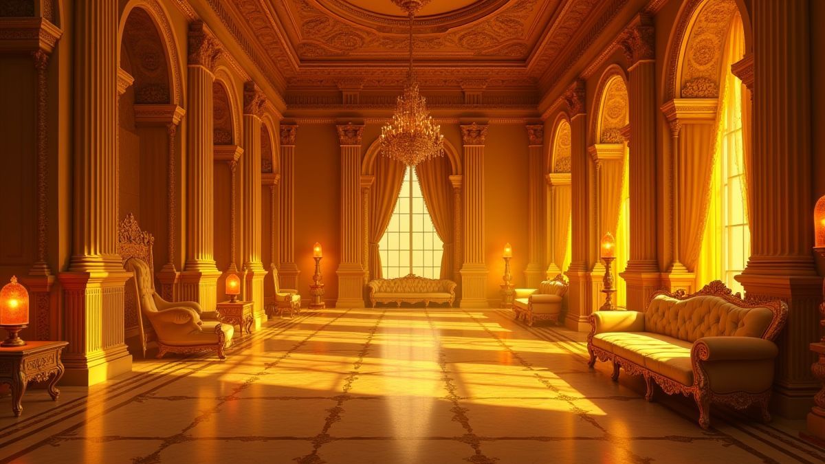 Interior de um palácio dourado com móveis ornamentados.