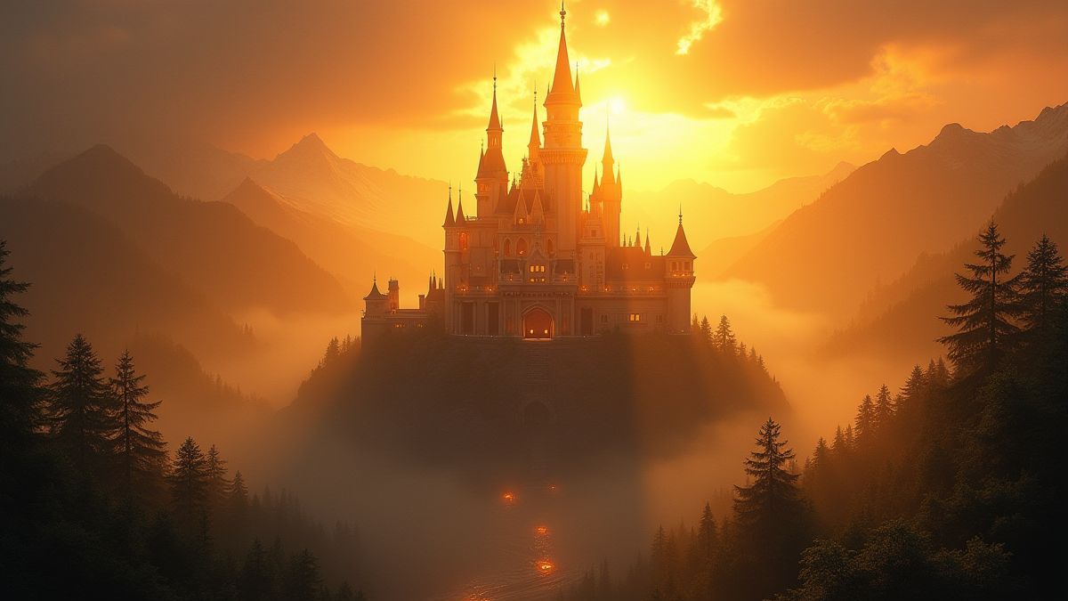 Castelo resplandecente rodeado de luz dourada.