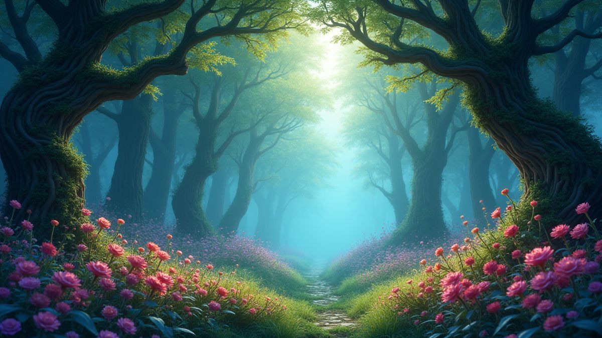 Enchanted forest with colorful flowers and a magical atmosphere.